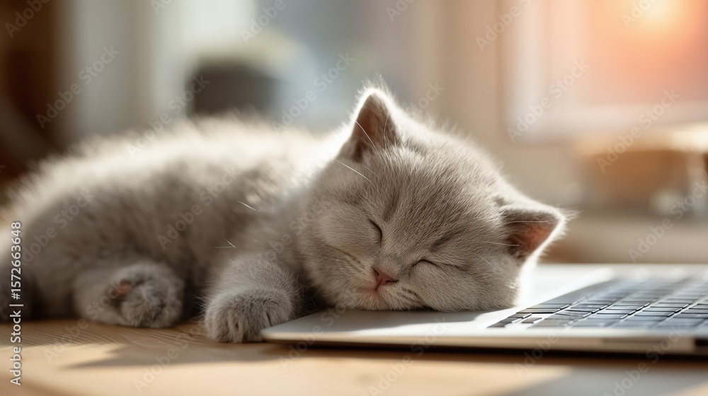 Naklejka premium Sleepy kitten napping on laptop keyboard in sunlit home office