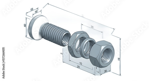 Technical drawing of a bolt and nuts, showing components and dimensions.