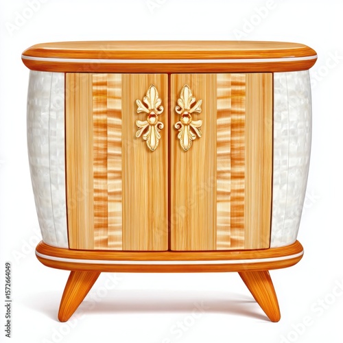 Elegant Wooden Cabinet with Gold Accents, Decorative Storage Furniture on White
