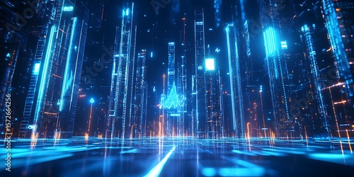 Futuristic digital city with neon lights and data