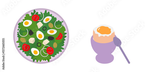 Vegetables and Hard boiled Eggs Salad on plate and Soft Egg in Egg bowl Healthy Food Design elements