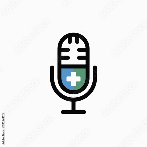Minimalist Icon of a Retro Microphone with a Medical Cross Symbol on a Light Gray Background Blue and Green Color Scheme Simple Line Art Design for Healthcare Podcast or