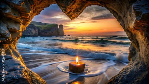 Photo of a heartshaped rock formation frames a tranquil beach scene at sunset, with a lit candle floating gently in the shallows, creating a romantic and serene atmosphere