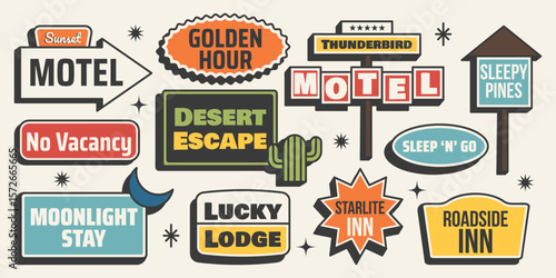 Retro sticker set. Motel signboards, direction signs, words, retro summer vibes and trip elements. Vector illustration in vintage midcentury style