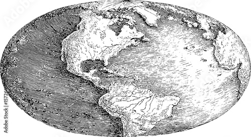 Vintage globe engraving illustration reflecting western hemisphere in black and white