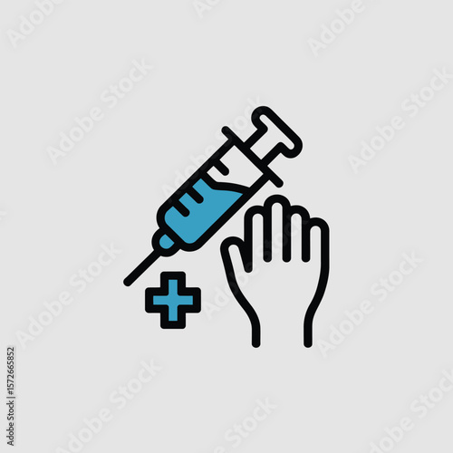 Minimalist Icon of a Syringe Injecting a Hand with a Green Plus Symbol on a Light Gray Background