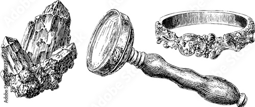 Vintage jeweller tools and gems engraving - timeless black and white collection