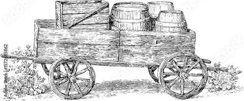 Vintage hand drawn illustration of a handcart with barrels and crate for retro design