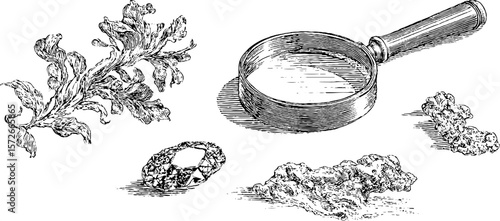 Detailed black and white engraving of jeweler tools and gems for design projects