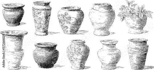 Vintage black and white engraving of african inspired vases collection for decorative design