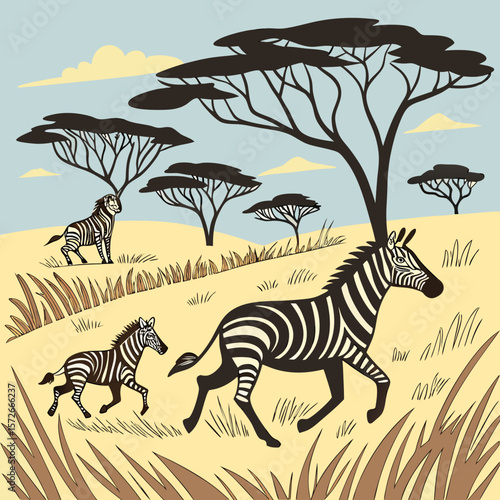 Zebras in the wild: striped black and white mammals grazing on the savanna, embodying the spirit of African wildlife