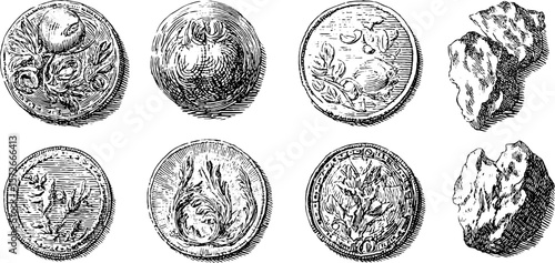 Vintage engraved ancient coin and artifact illustration set for historical design