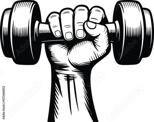 Strong fist holding a heavy dumbbell isolated on white background