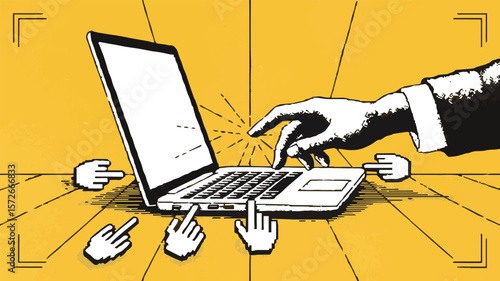 A stylized illustration depicts a laptop with multiple cursor hands pointing at it and one hand pressing a key symbolizing digital interaction and online engagement