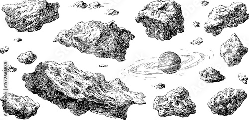 Vintage asteroid and planetary sketch illustration for retro design