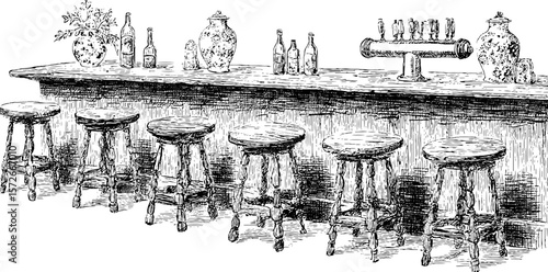Vintage bar scene with stools bottles and taps hand drawn engraving illustration
