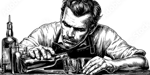 Vintage bartender crafting cocktails in black and white engraving illustration