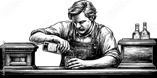Vintage hand drawn illustration of a bartender pouring whiskey in black and white