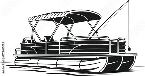 Black and White Pontoon Boat Illustration with Fishing Rod