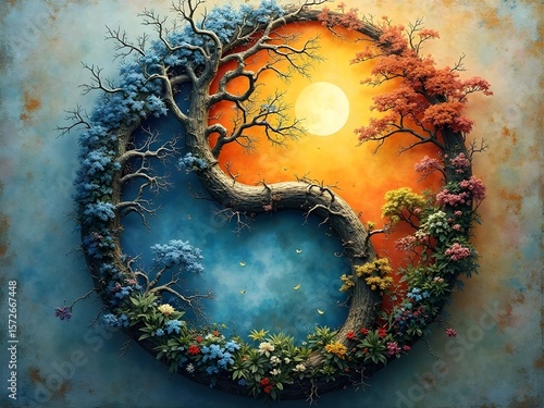 Yin Yang Tree of Life with Sun and Flowers nature balance