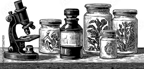 Vintage botanical science engraving - microscope and specimen jars - retro nature study illustration
