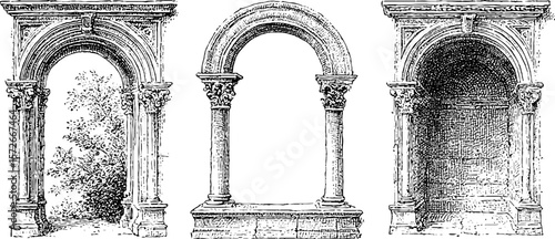 Vintage architectural archways sketch for retro design and decor