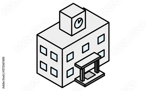 学校校舎のシンプルな線画アイコン、アイソメトリックイラスト