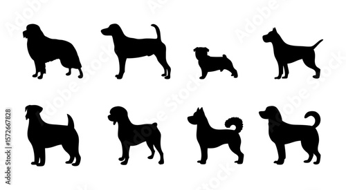 Vector set of different dog breed silhouettes on transparent background. Includes various canine shapes in side view. Perfect for pet-themed designs, icons, and infographics.