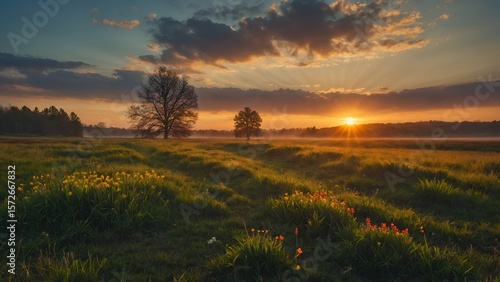 Colorful spring sunrise on meadow
