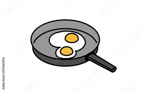フライパンで焼く目玉焼きのシンプルな線画アイコン、アイソメトリックイラスト
