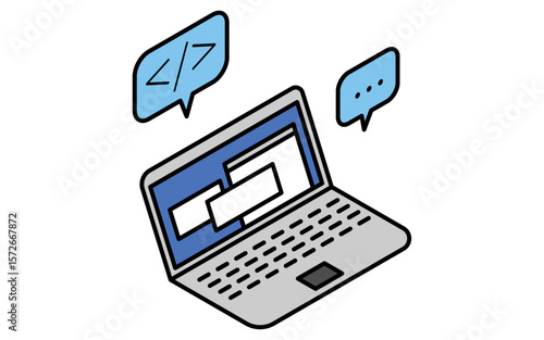 ノートパソコンでプログラミングするシンプルな線画アイコン、アイソメトリックイラスト