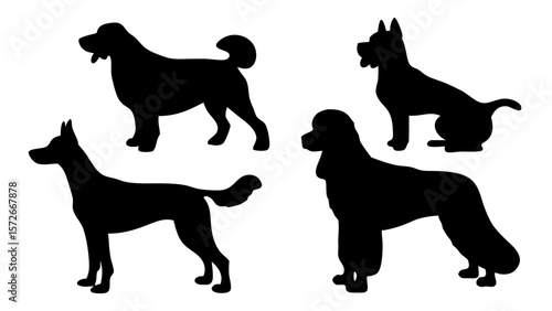 Vector set of different dog breed silhouettes on transparent background. Includes various canine shapes in side view. Perfect for pet-themed designs, icons, and infographics.