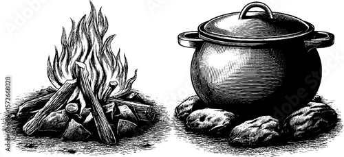 Black and white engraving illustration of cast iron pot and campfire scene for vintage design