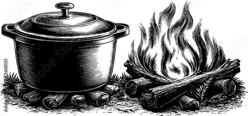 Vintage cast iron pot and campfire scene in black and white hand drawn style for retro design
