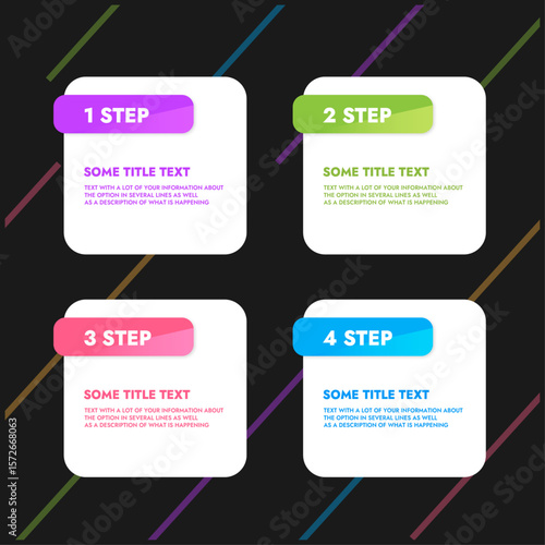 infographic template in the form of white squares with color step and description of the option