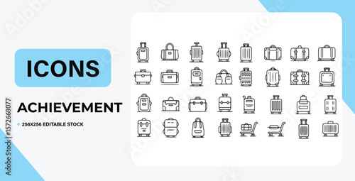 Collection of Achievement Icons Luggage, Bags, and Travel Suitcases - Vector Line Art
