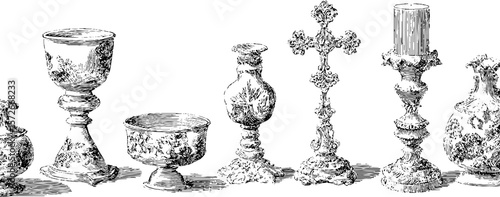 Vintage chalice and candle holder collection in black and white engraving art