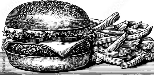 Vintage hand drawn engraving of a cheeseburger and fries - classic fast food illustration