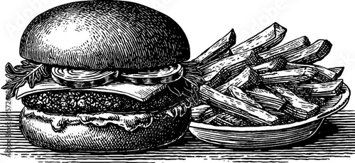 Vintage hand drawn engraving of a cheeseburger and fries - retro fast food illustration for design