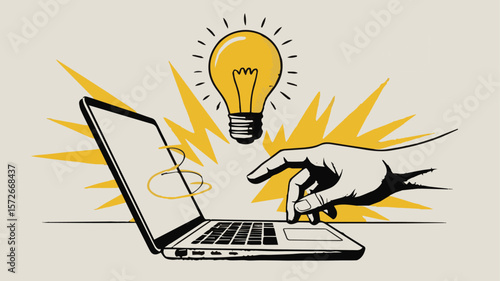 Creative thinking and innovation concept with a hand using a laptop and a glowing light bulb symbolizing a bright idea emerging from technology and digital work