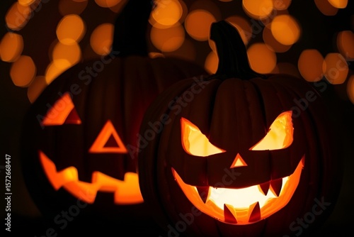 Glowing Halloween Pumpkins with Eerie Grins – Warm Spooky Scene with Bokeh Lights
