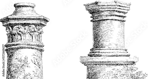 Vintage hand drawn black and white engravings of architectural columns