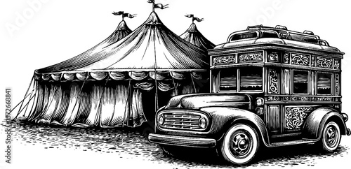 Vintage circus tent and wagon engraving for retro design and decoration