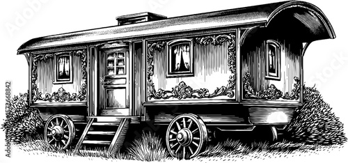 Vintage caravan in black and white engraving for retro design projects