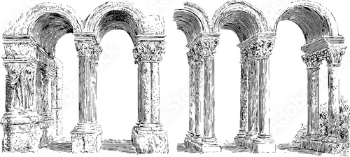 Vintage black and white architectural archways with intricate columns illustration for retro design