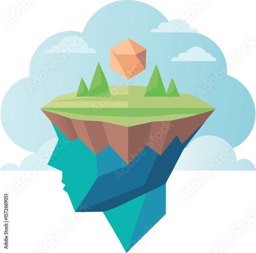 floating island with human head as base white clear