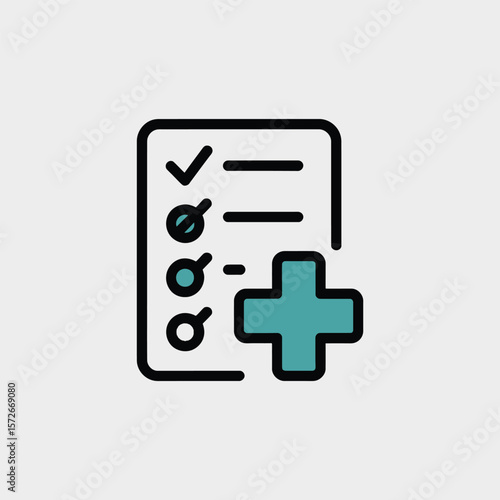 Minimalist Icon of Medical Checklist Document with Teal Green and Blue Gradient Plus Symbol White Background Simple Flat Design Healthcare App U I Element