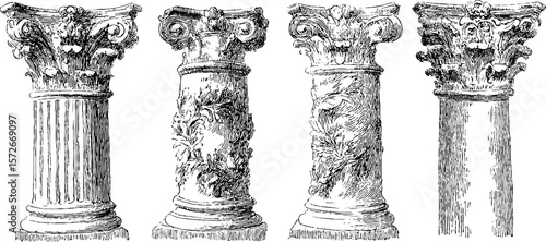 Ornate architectural column capitals in vintage engraving style for historical design projects