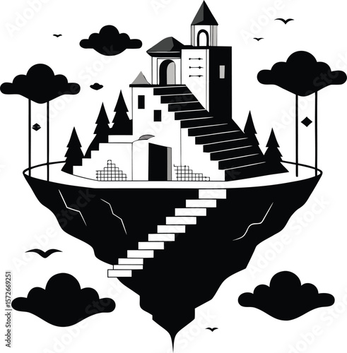 floating island with surreal stairs and windows