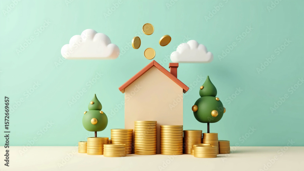 Fototapeta premium Real estate investment illustration with house on golden coin stacks, flying coins and money trees on teal background, symbolizing financial growth, passive income, savings and homeownership potential
